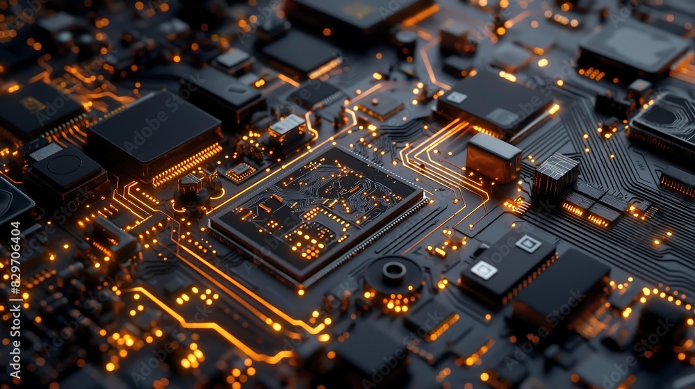 High-Tech Circuit Board: Glowing Orange Lines on a Black Electronic Surface High-Tech Circuit Board: Glowing Orange Lines on a Black Electronic Surface