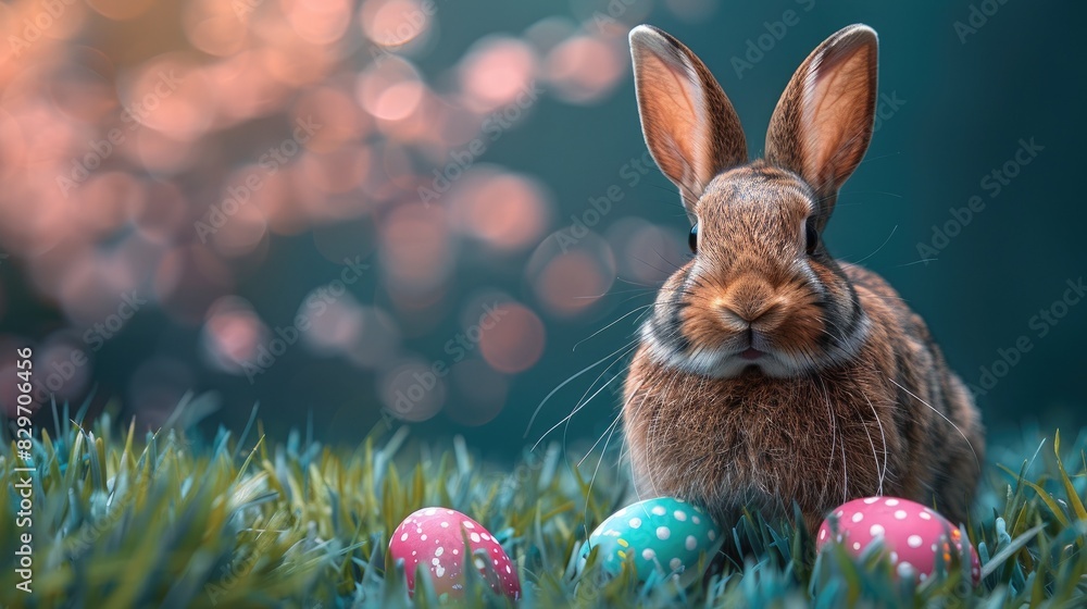 Cute bunny sitting on grass with colorful Easter eggs, blurred background. Perfect for Easter and spring themes. Cute bunny sitting on grass with colorful Easter eggs, blurred background. Perfect for Easter and spring themes.