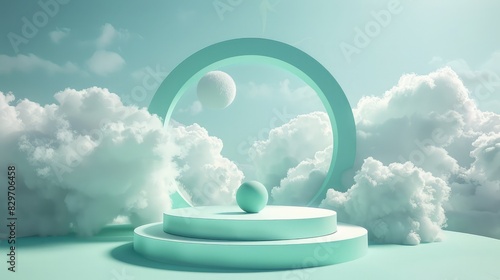 Realistic 3d cylindrical pedestal podium in semicircle background Geometric platform abstract Geometric two step product display, Green podium with ball on green background photo