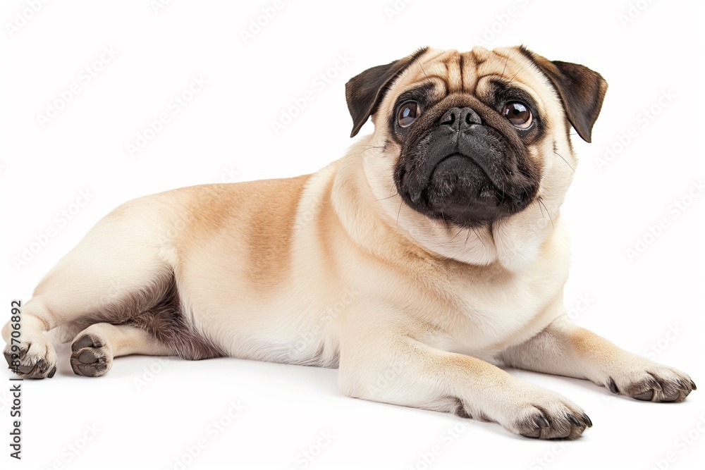 Obraz premium Full body studio portrait of a beautiful pug dog. The dog is lying down and looking up over a background of pastel shades, radiating charm and playfulness.