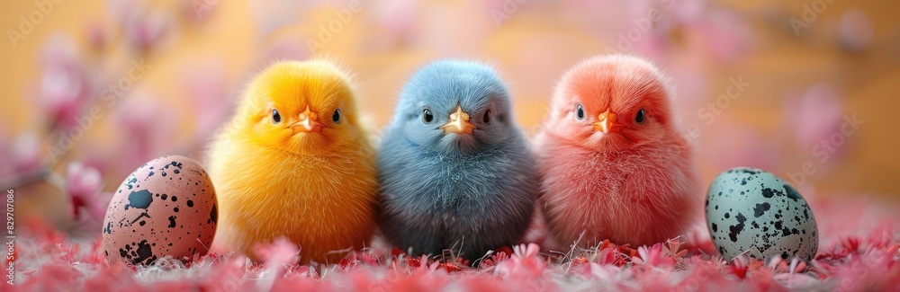 Three colorful fluffy chicks and speckled eggs on a pink surface with cherry blossoms in the background, symbolizing spring and new beginnings.