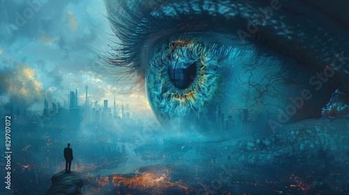 Surreal futuristic scene with a giant eye overlooking a distant lone figure in a dystopian cityscape, blending fantasy and sci-fi elements. photo