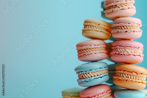 Colorful macarons arranged in a pyramid, soft pastel colors.