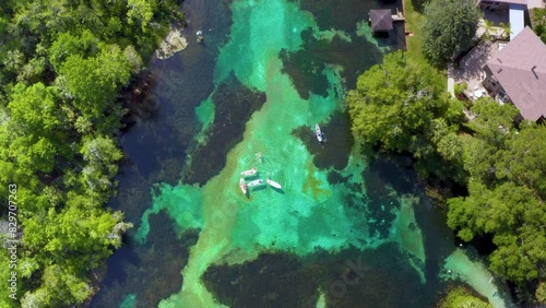 Drone shot looking down on the Rainbow River as kayaks and boats float along photo
