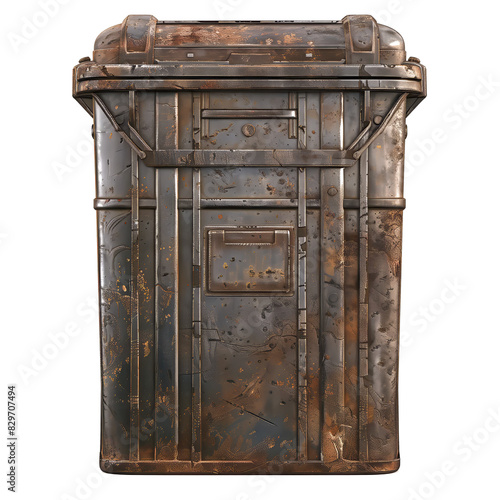 Scifi futuristic old metal dumpster with visible rust and wear 2D Game Art isolated on white background photo