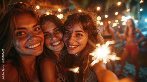 Close-up of three smiling young women enjoying a beach party with sparklers in hand during twilight