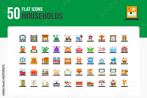 Set of 50 Households icons related to House, Front door, Back door, Window Flat Icon collection