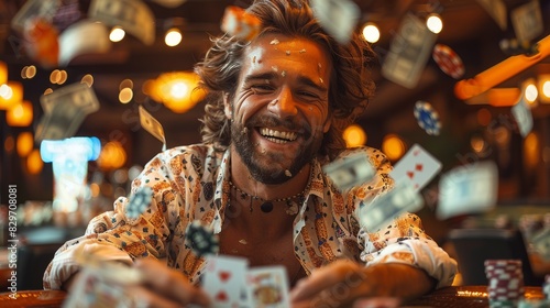 A man smiles widely as playing cards fall around him in a dynamic and playful casino setting © familymedia