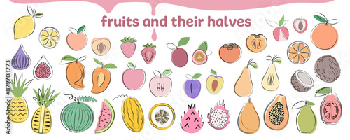 Fruit illustrations set in flat design. Big set of fruit for stickers in simple style. 
