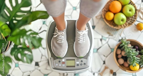 Weight Loss Concept, Top view of person wearing sneakers standing on a digital scale, surrounded by fruits and vegetables in a healthy home environment. photo