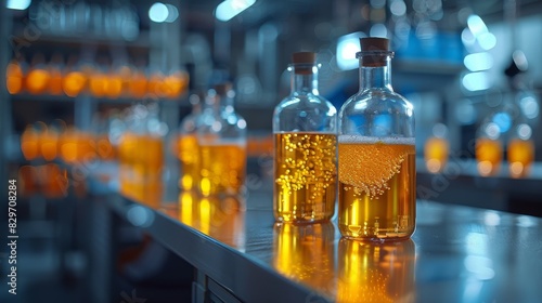 Transparent bottles filled with an amber-colored liquid on a production line in an industrial setting