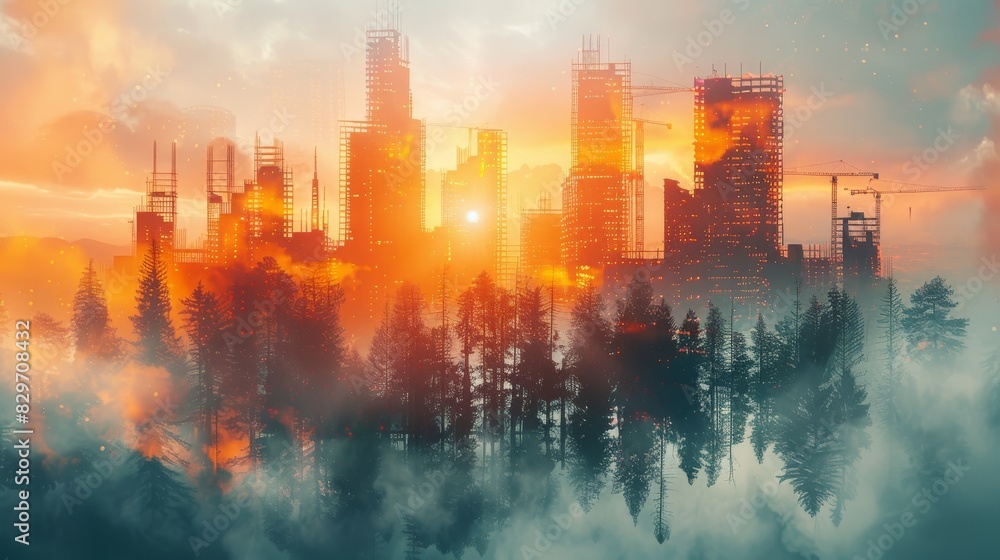 A fantasy depiction of modern city growth amidst a forest, highlighted by the warm glow of a sunset