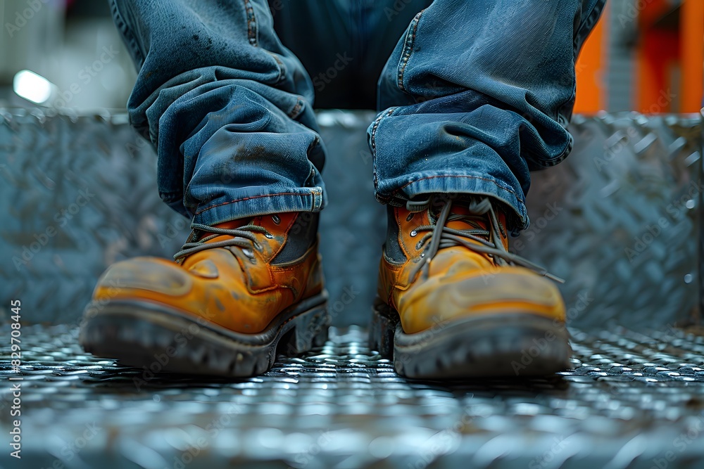Worn Work Boots on Metal Stairs - Industrial, Sturdy Footwear, Occupation Concept, and Labor Lifestyle Imagery Worn Work Boots on Metal Stairs - Industrial, Sturdy Footwear, Occupation Concept, and Labor Lifestyle Imagery