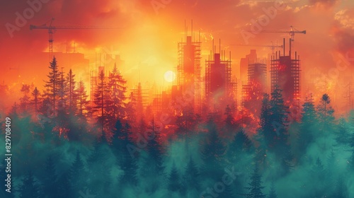 An artwork with a surreal sunset over a forest  juxtaposed with the silhouette of construction cranes and buildings
