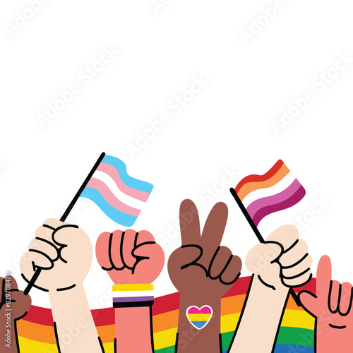 Pride Celebration Vector Illustration. Diverse Hands Raised with Transgender and Lesbian Flags