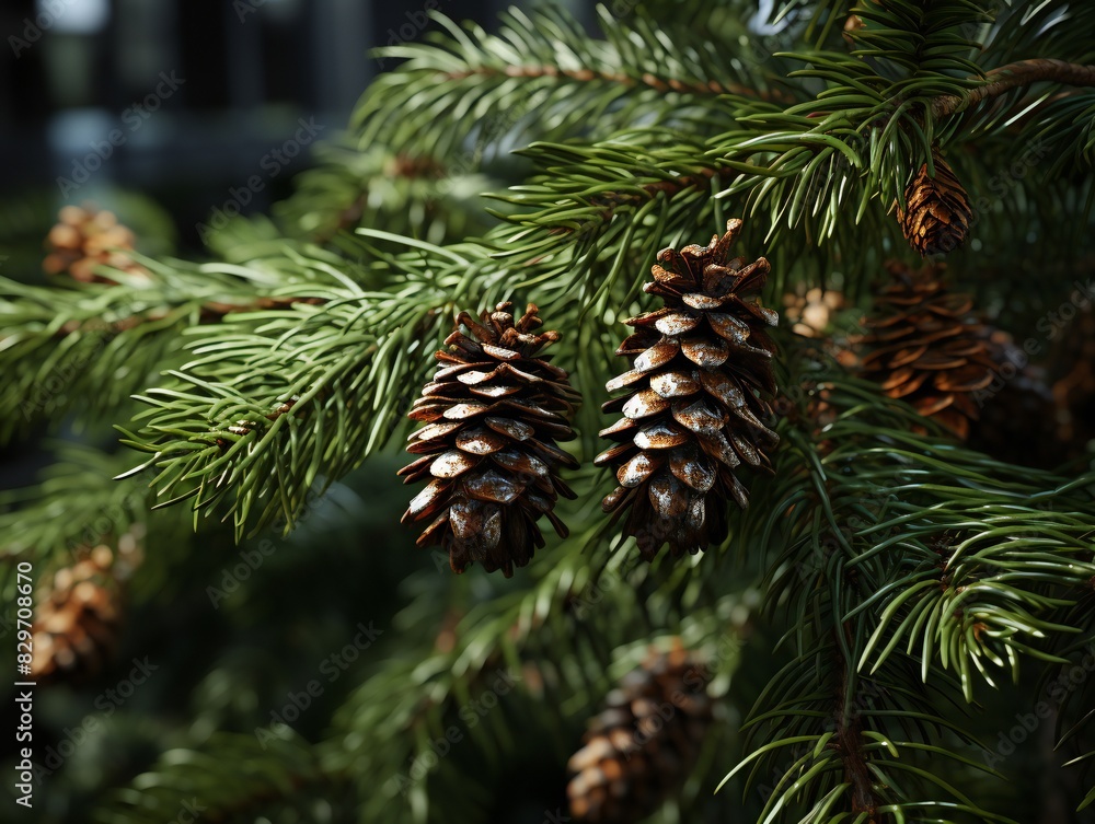 Pine tree branch with cones, close-up. Christmas background