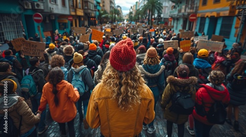 Large group of people gathered in a city street holding signs in a peaceful protest or demonstration. Wearing winter clothing.