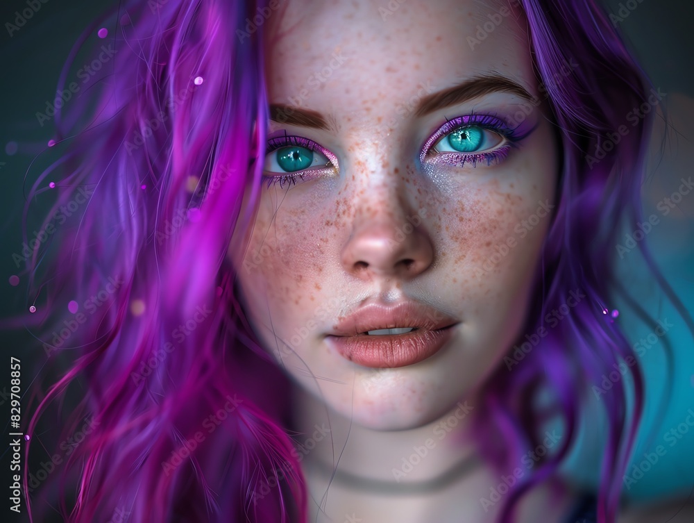 A portrait of a woman with neon violet hair and bright teal eyes, camera focuses closely to capture the contrast of her vivid features against a dark, blurred background, emphasizing bold, contemporar A portrait of a woman with neon violet hair and bright teal eyes, camera focuses closely to capture the contrast of her vivid features against a dark, blurred background, emphasizing bold, contemporar