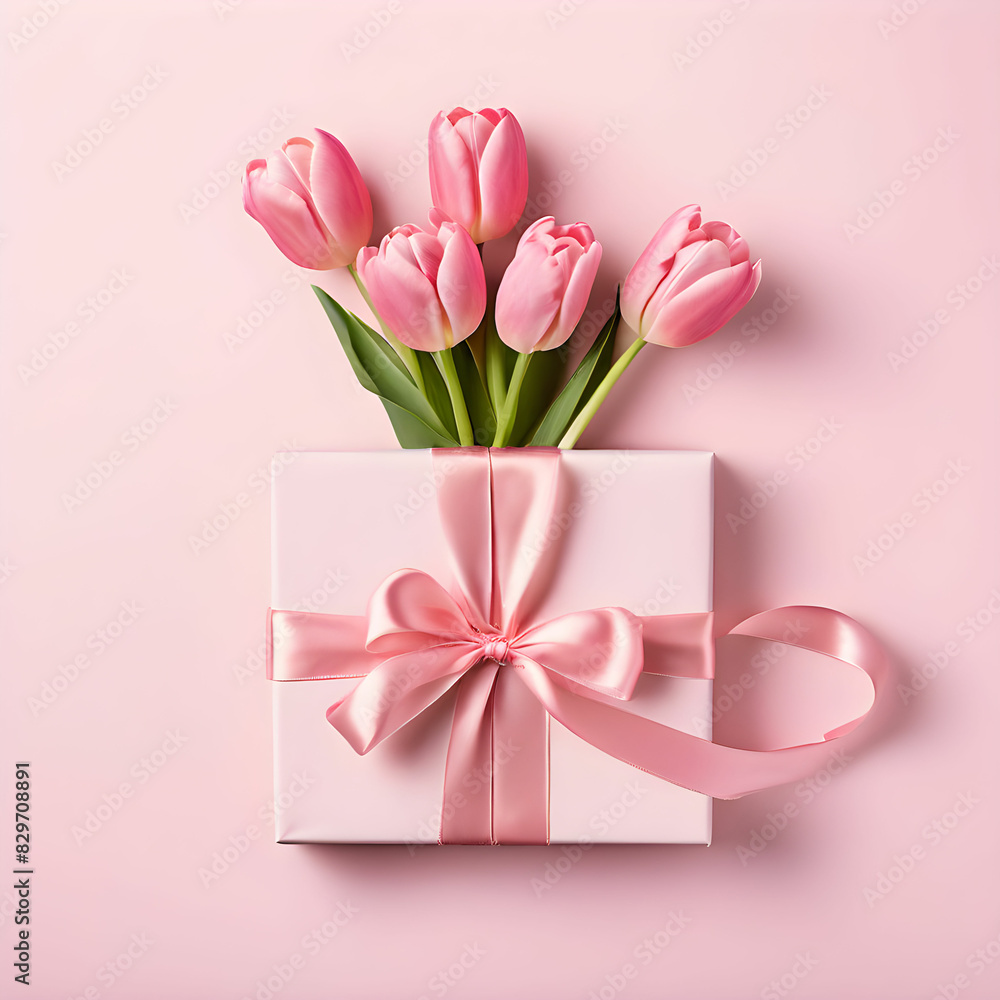 pink tulips with gift box Space for text Mother's Day gift Top view photo