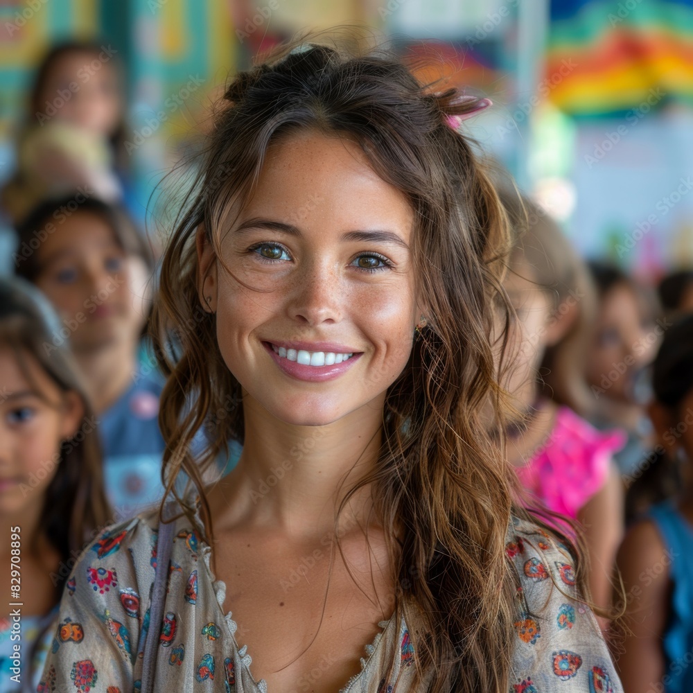 Smiling woman in a lively classroom full of children, capturing a moment of joy and community. Smiling woman in a lively classroom full of children, capturing a moment of joy and community.