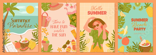 Collection of summer beach illustrations with woman fashion, beach essentials and tropical fruits for vector cards, background and posters
