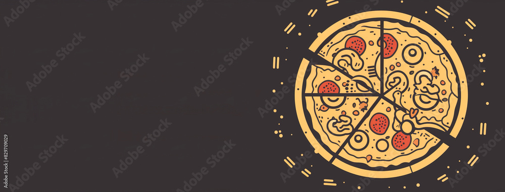 Obraz premium Pizza sliced, graphic contour illustration on a dark black background, isolate. AI generated.