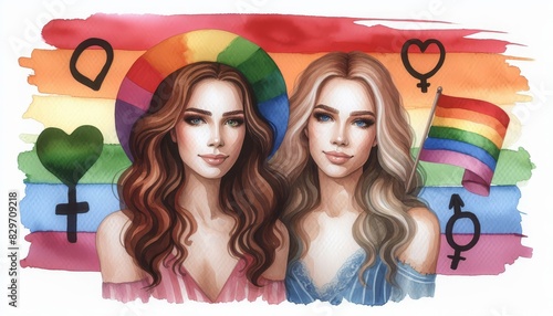 Illustration of women with gender symbols - An LGBTQ+ themed art piece featuring two women and inclusive gender symbols on a pride flag photo
