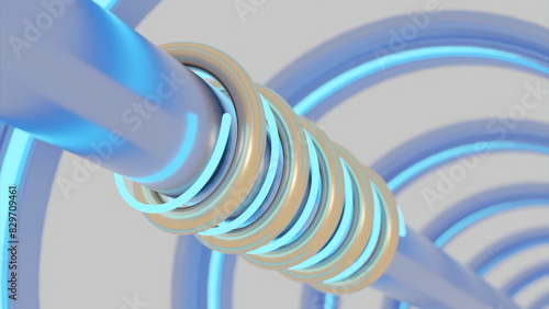 Animation of rotating tubes with piston. Design. Mechanical structure with rotating tubes around rod. Tunnel with metal pipe and moving neon lines