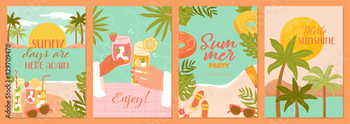 Collection of summer beach illustrations with fruit drinks, relaxing scenery and beach essentials for vector cards, background and posters