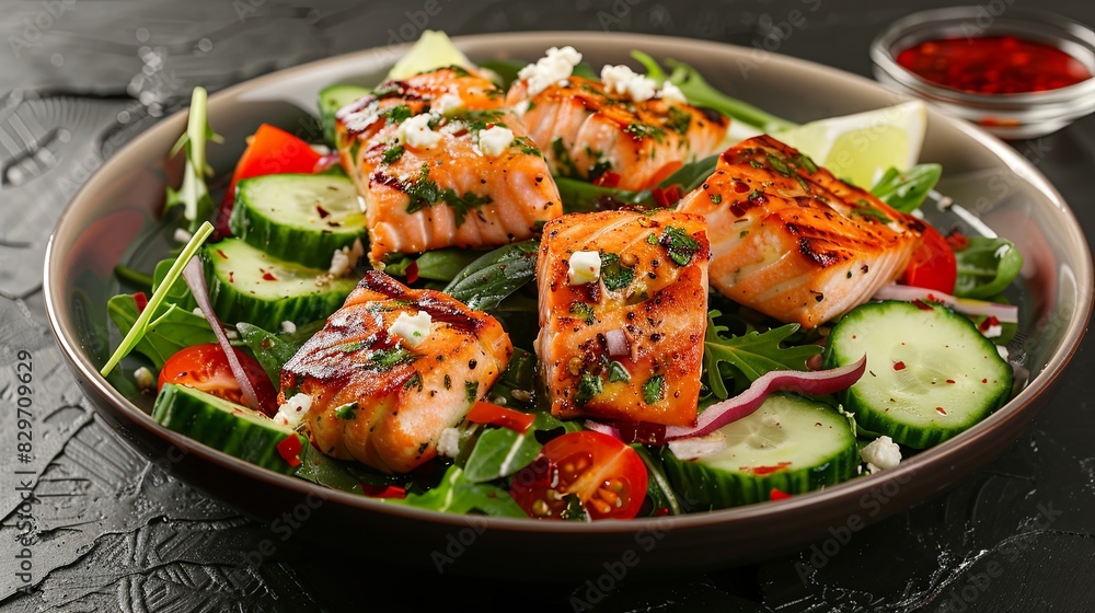 Greek salad with grilled salmon fish. Traditional mediterranean cuisine. Healthy food, diet Greek salad with grilled salmon fish. Traditional mediterranean cuisine. Healthy food, diet