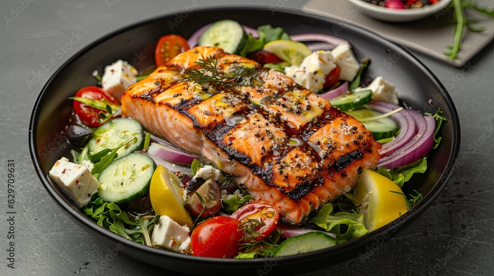 Greek salad with grilled salmon fish. Traditional mediterranean cuisine. Healthy food, diet Greek salad with grilled salmon fish. Traditional mediterranean cuisine. Healthy food, diet