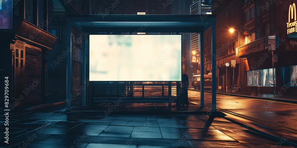 On a city street at night, a vertical billboard mockup presents a large blank space for inserting text, offering prime advertising real estate in the urban landscape On a city street at night, a vertical billboard mockup presents a large blank space for inserting text, offering prime advertising real estate in the urban landscape