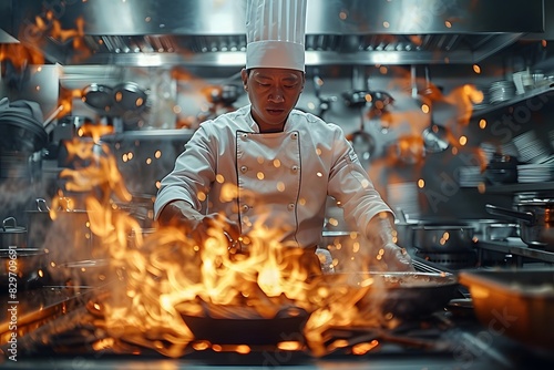 Chef in Action: Culinary Mastery with Flames in a Professional Kitchen for Dynamic Cooking Concepts