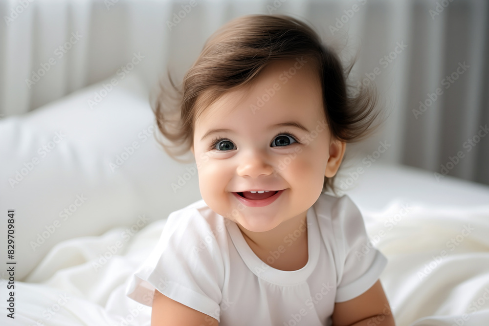 Portrait of cute little baby on bed at home, closeup