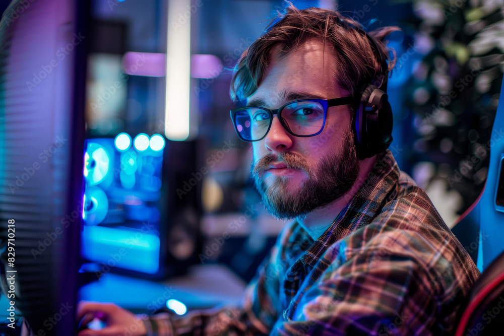 Focused man gaming with a headset in a neon-lit room Focused man gaming with a headset in a neon-lit room