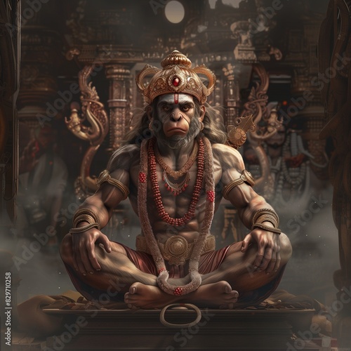 Lord Hanuman in a seated pose, AI-generated.