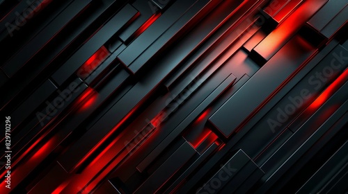 Abstract 3D Rendering Of A Dark Geometric Surface With Red Glowing Elements. photo