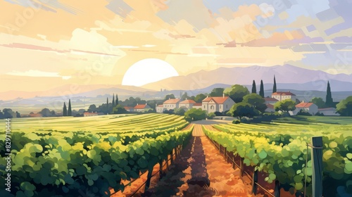 Scenic vineyard landscape at sunset with lush grapevines, distant hills, and a small quaint village, capturing the serene beauty of rural life.