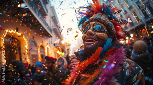 A lively carnival atmosphere with a person in a feathered headdress, confetti, and blurred faces © familymedia