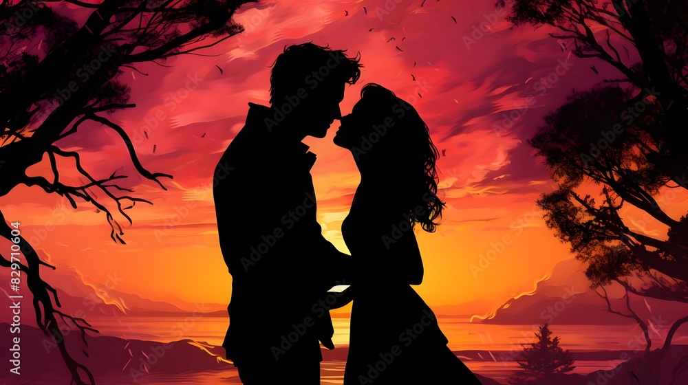 Silhouette of a couple sharing a kiss against an orange sunset sky. Generative AI.