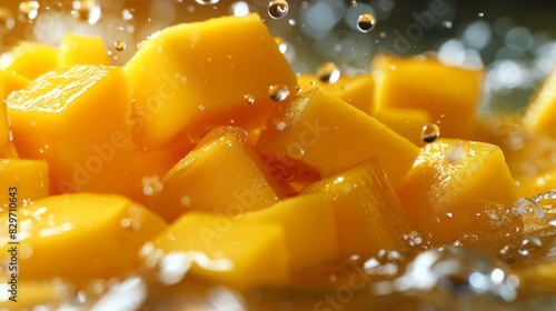 Close-Up Of Water Droplets Splashing On Fresh, Ripe Mango Chunks.