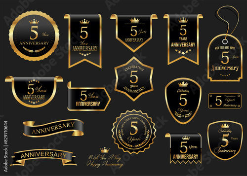 Collection of  Anniversary gold laurel wreath badges and labels vector illustration