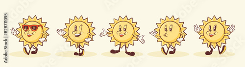 Groovy Sun Retro Characters Set. Cartoon Summer Personage Walking and Smiling. Vector Funny Mascot Templates Collection. Happy Vintage Cool Illustrations Isolated
