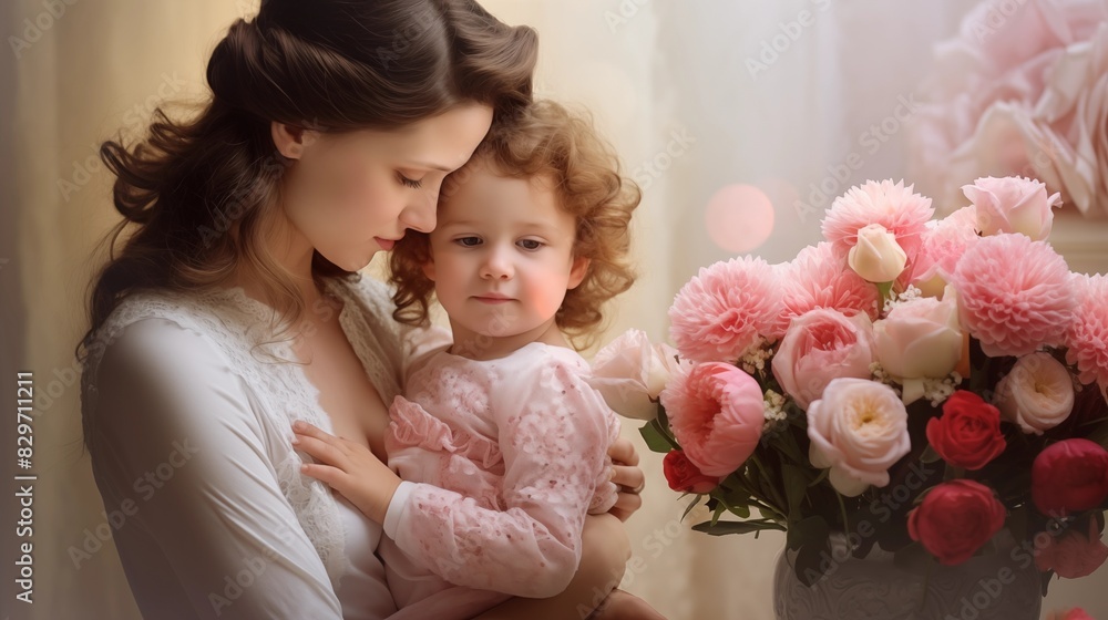 A Tender Moment Between Mother and Child with a Bouquet of Pink Roses A Tender Moment Between Mother and Child with a Bouquet of Pink Roses