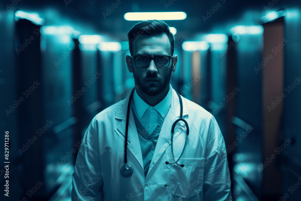 Serious doctor in hospital corridor with stethoscope Serious doctor in hospital corridor with stethoscope