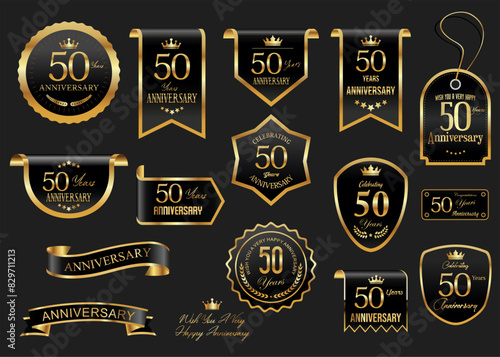 Collection of  Anniversary gold laurel wreath badges and labels vector illustration