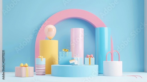 Set of pink, yellow, blue and white realistic 3d cylinder stand podium in arch window, Vector abstract studio room with geometric platform, Minimal wall scene for products showcase © najeeb
