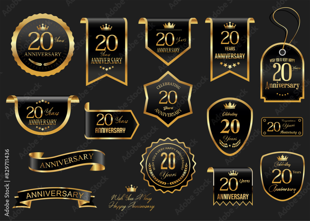 Naklejka premium Collection of Anniversary gold laurel wreath badges and labels vector illustration