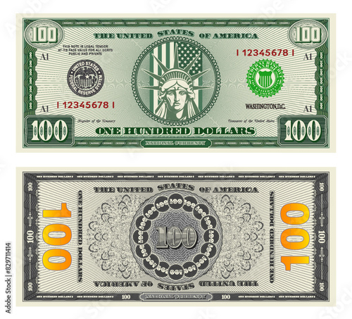 Vector highly detailed fictional beautiful 100 US dollar banknote. Obverse and reverse of an American bill with guilloche patterns. Portrait of the Statue of Liberty in a circle. One hundred dollars.