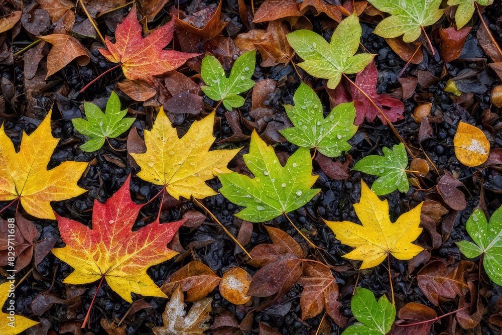 Enchanting forest floor scene with autumn leaves shimmering in morning dew. Enchanting forest floor scene with autumn leaves shimmering in morning dew.